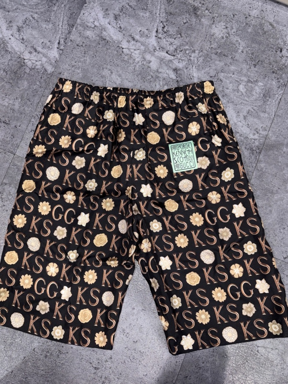Gucci x Ken Scott Black & Gold Logo-Print Men’s Silk Shorts
